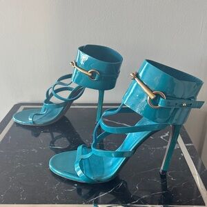 Gucci Turquoise Strappy Heels with Gold Accent
